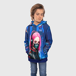 Толстовка-худи детская Девушка с розовыми волосами - киберпанк, цвет: 3D-синий — фото 2