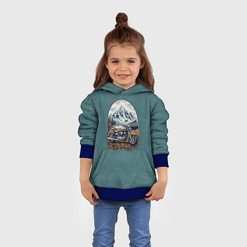 Детская толстовка Ретро мотоцикл на фоне гор / 3D-Синий – фото 4
