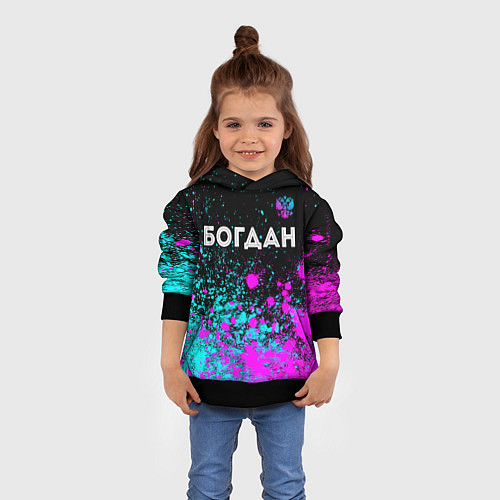 Детская толстовка Богдан и неоновый герб России: символ сверху / 3D-Черный – фото 4