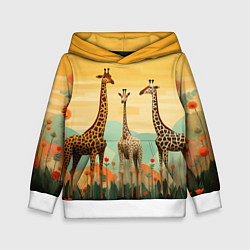 Толстовка-худи детская Три жирафа в стиле фолк-арт, цвет: 3D-белый