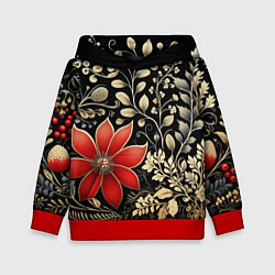 Толстовка-худи детская Новогодние цветы и листья, цвет: 3D-красный