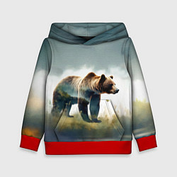 Толстовка-худи детская Минималистичный пейзаж с медведем акварель, цвет: 3D-красный