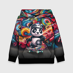 Толстовка-худи детская Панда - крутой скейтбордист на фоне граффити, цвет: 3D-черный