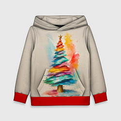 Толстовка-худи детская Новогодняя ель акварелью на холсте, цвет: 3D-красный