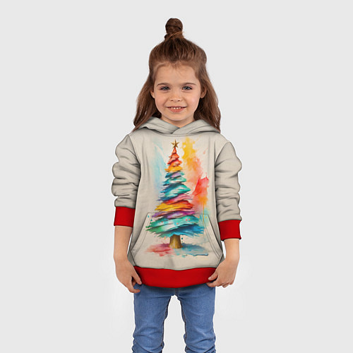 Детская толстовка Новогодняя ель акварелью на холсте / 3D-Красный – фото 4