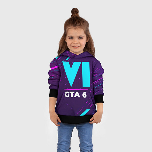 Детская толстовка Символ GTA 6 в неоновых цветах на темном фоне / 3D-Черный – фото 4