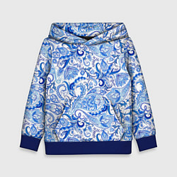 Толстовка-худи детская Гжельская роспись на белом фоне, цвет: 3D-синий