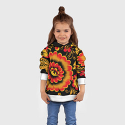 Толстовка-худи детская Хохломская роспись красно-жёлтые цветы на чёрном ф, цвет: 3D-белый — фото 2
