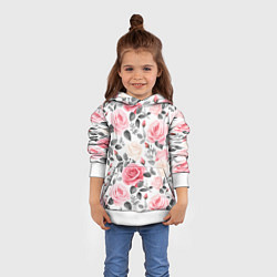 Толстовка-худи детская Розовые розы и серые листочки - паттерн, цвет: 3D-белый — фото 2