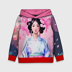 Толстовка-худи детская Ветки сакуры японская гейша, цвет: 3D-красный