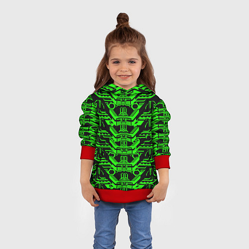 Детская толстовка Зелёная техно-броня на чёрном фоне / 3D-Красный – фото 4