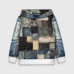 Толстовка-худи детская Заплатки пэчворк на джинсе, цвет: 3D-белый