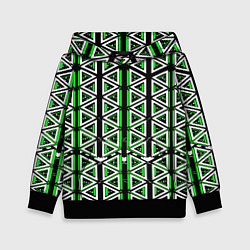 Толстовка-худи детская Бело-зелёные треугольники на чёрном фоне, цвет: 3D-черный