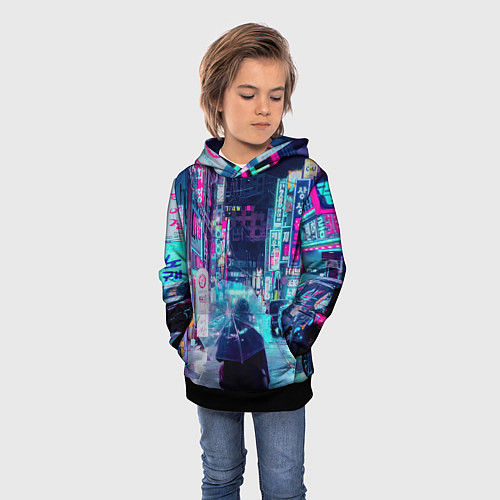 Детская толстовка Дождливый неоновый вечер в Японии / 3D-Черный – фото 3