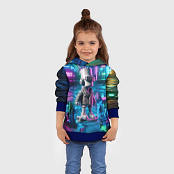 Толстовка-худи детская Необычный Барт Симпсон в ночном неоновом городе, цвет: 3D-синий — фото 2