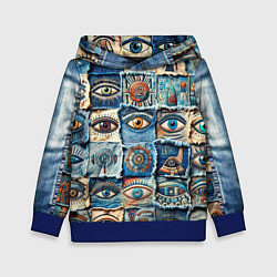 Толстовка-худи детская Глаза на джинсах пэчворк, цвет: 3D-синий