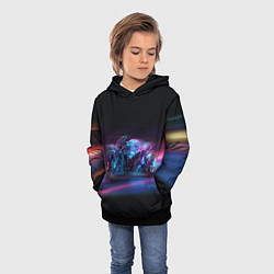 Толстовка-худи детская Неоновый мотоцикл абстракция, цвет: 3D-черный — фото 2
