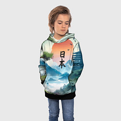 Толстовка-худи детская Восход красного солнца - Японский пейзаж, цвет: 3D-черный — фото 2