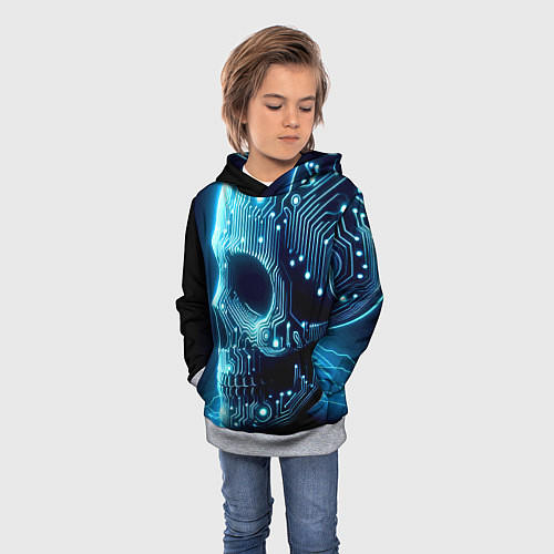Детская толстовка Cyber neon skull - ai art с дорожками на плате / 3D-Меланж – фото 3