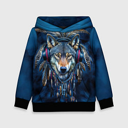 Детская толстовка Волк в наушниках и перья - индейский диджей