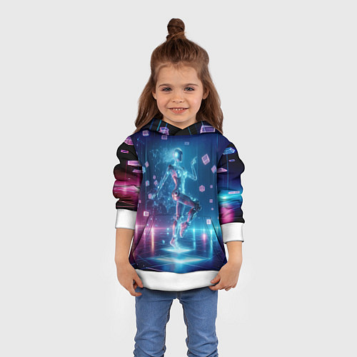 Детская толстовка Танец неоновой кибер девушки - нейроарт / 3D-Белый – фото 4