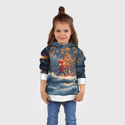 Детская толстовка Маленький человек-паук держит елку / 3D-Белый – фото 4