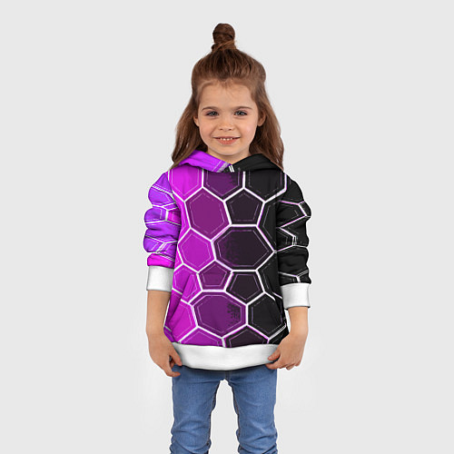 Детская толстовка Белые шестиугольники на чёрно-фиолетовом фоне / 3D-Белый – фото 4