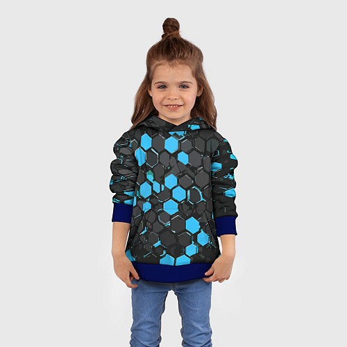 Детская толстовка Сине-серые шестиугольники на чёрном фоне / 3D-Синий – фото 4