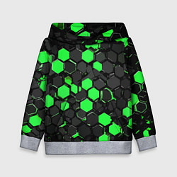 Толстовка-худи детская Зелёно-серые шестиугольники на чёрном фоне, цвет: 3D-меланж