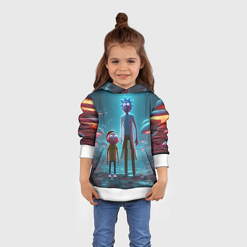Детская толстовка Морти и Рик в сказочном неоновом грибном лесу / 3D-Белый – фото 4