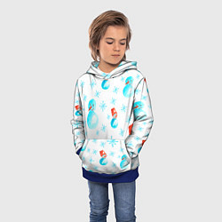 Толстовка-худи детская Зимний новогодний узор со снеговиками и снежинками, цвет: 3D-синий — фото 2