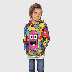 Толстовка-худи детская Причудливый узор с улыбающимся персонажем, цвет: 3D-белый — фото 2