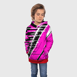 Толстовка-худи детская Чёрно-белые глитч полосы на розовом фоне, цвет: 3D-красный — фото 2