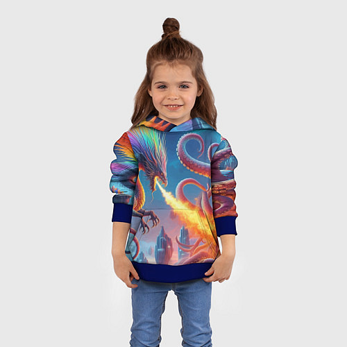 Детская толстовка Огнедышащий дракон против осьминога - нейроарт фан / 3D-Синий – фото 4