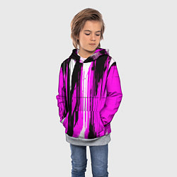 Толстовка-худи детская Вертикальные чёрно-белые линии на розовом фоне, цвет: 3D-меланж — фото 2