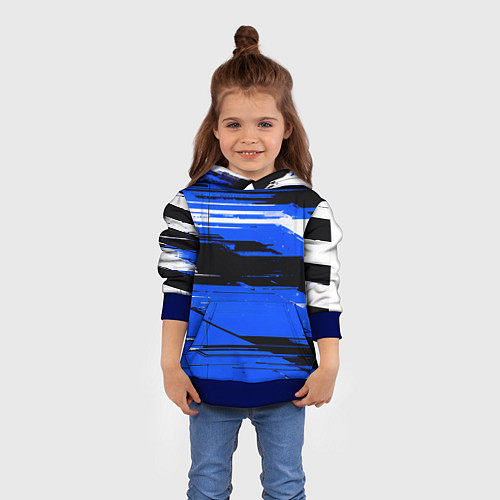 Детская толстовка Горизонтальные чёрно-белые линии на синем фоне / 3D-Синий – фото 4