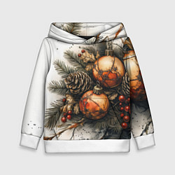 Толстовка-худи детская Новогодние игрушки и шишки, цвет: 3D-белый
