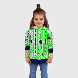 Толстовка-худи детская Бело-зелёные техно полосы на чёрном фоне, цвет: 3D-синий — фото 2