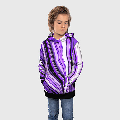 Детская толстовка Волнистые вертикальные чёрно-фиолетовые полосы / 3D-Черный – фото 3