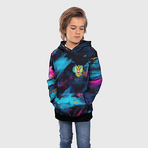 Детская толстовка Герб РФ на текстурном камуфляже / 3D-Черный – фото 3