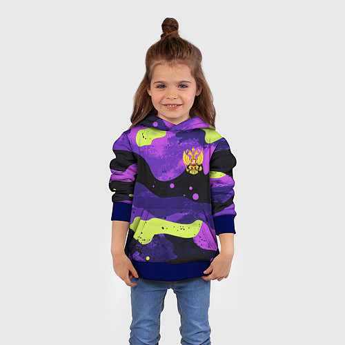Детская толстовка Черно-фиолетовый камуфляж и золотой герб РФ / 3D-Синий – фото 4