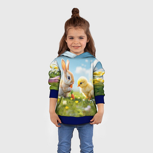 Детская толстовка Кролик и цыпленок встречают Пасху / 3D-Синий – фото 4