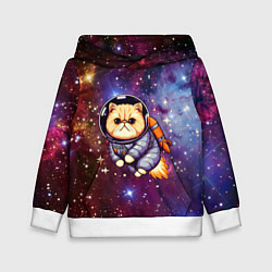 Толстовка-худи детская Котик космонавт в открытом космосе, цвет: 3D-белый