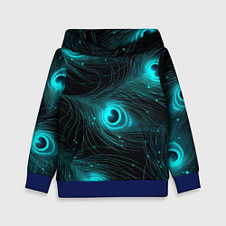 Толстовка-худи детская Светящиеся перья павлина паттерн, цвет: 3D-синий