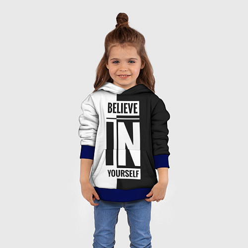 Детская толстовка Верь в себя надпись черно белая / 3D-Синий – фото 4