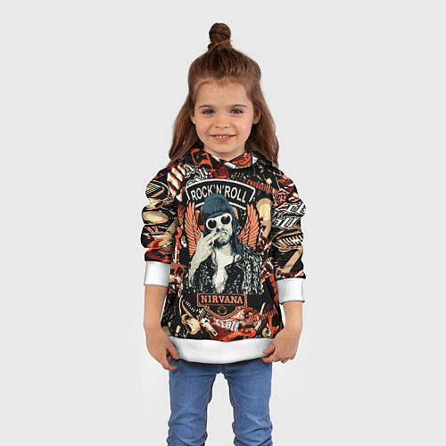 Детская толстовка Nirvana Kurt Cobain на фоне гитар / 3D-Белый – фото 4