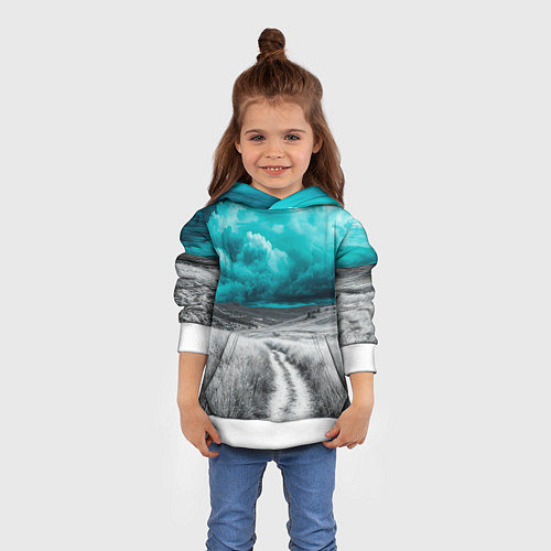 Детская толстовка Монохромное поле и сине-зеленое небо - природный п / 3D-Белый – фото 4