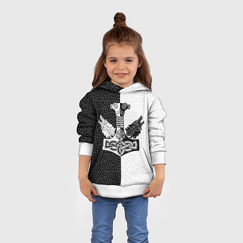 Детская толстовка Волки воины и знак молот тора в рунах / 3D-Белый – фото 4