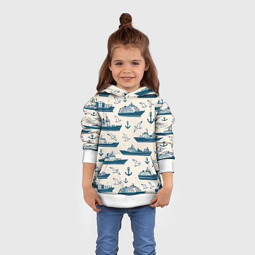 Детская толстовка Морской паттерн из чаек, якорей и кораблей / 3D-Белый – фото 4