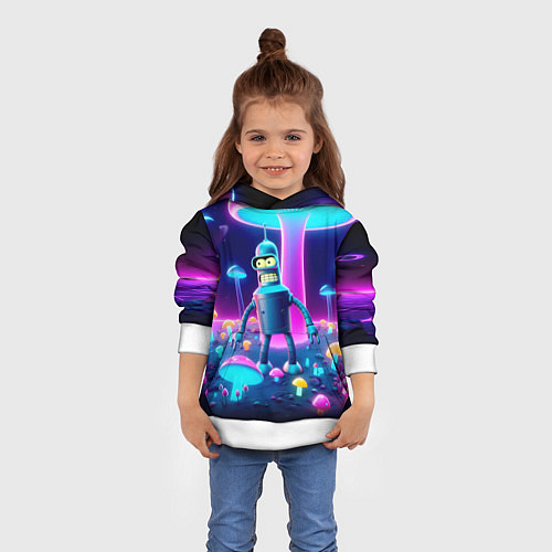 Детская толстовка Робот-сгибальщик Бендер на поляне неоновых грибов / 3D-Белый – фото 4